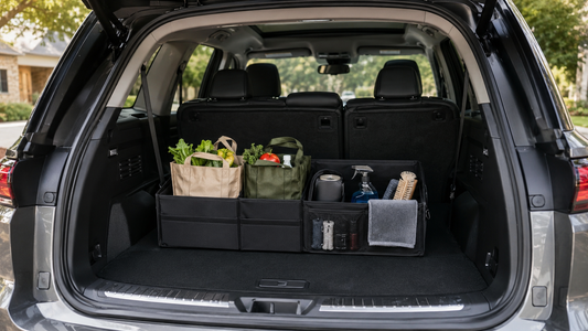 Foldable trunk organizer storing groceries and travel essentials in a clean SUV cargo area