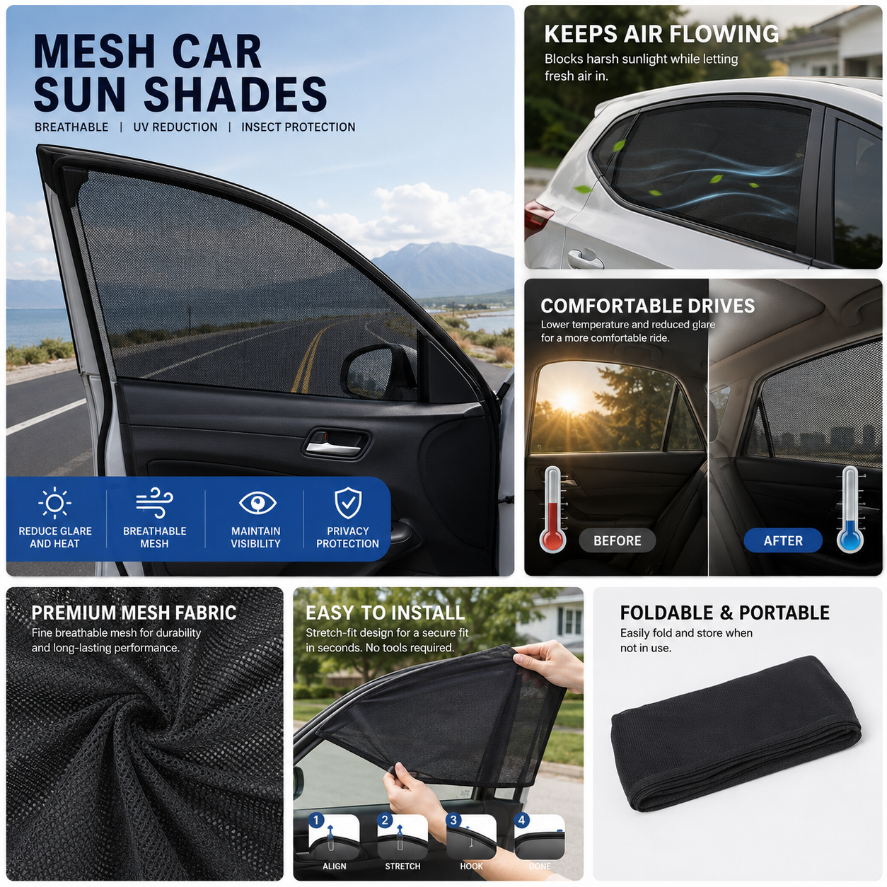 Universal Mesh Car Window Sun Shades – Front & Rear Side Window Screens