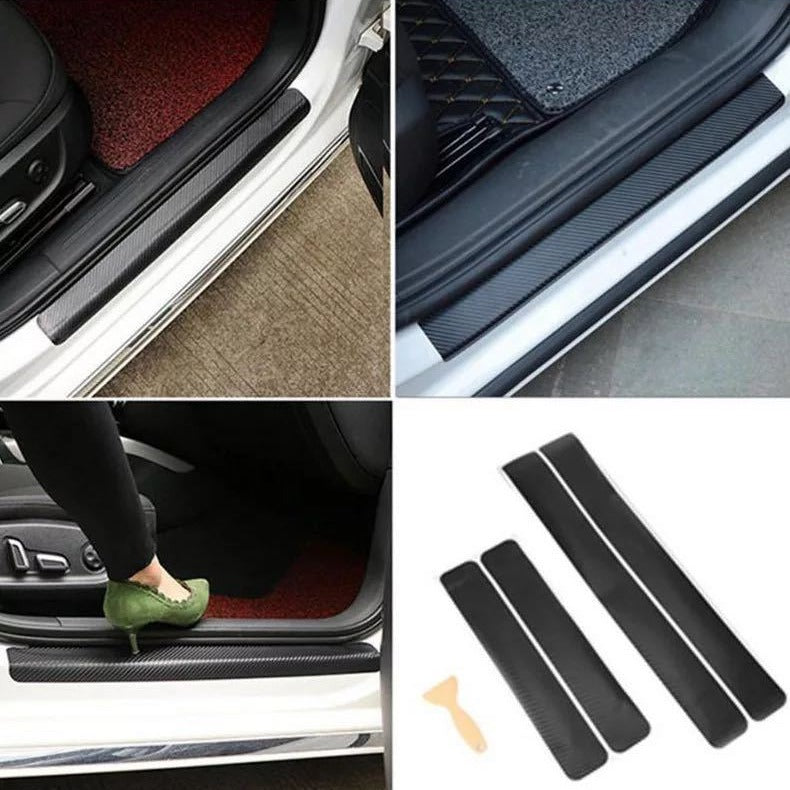 Door sill protector strips installed on compatible front and rear vehicle entry areas
