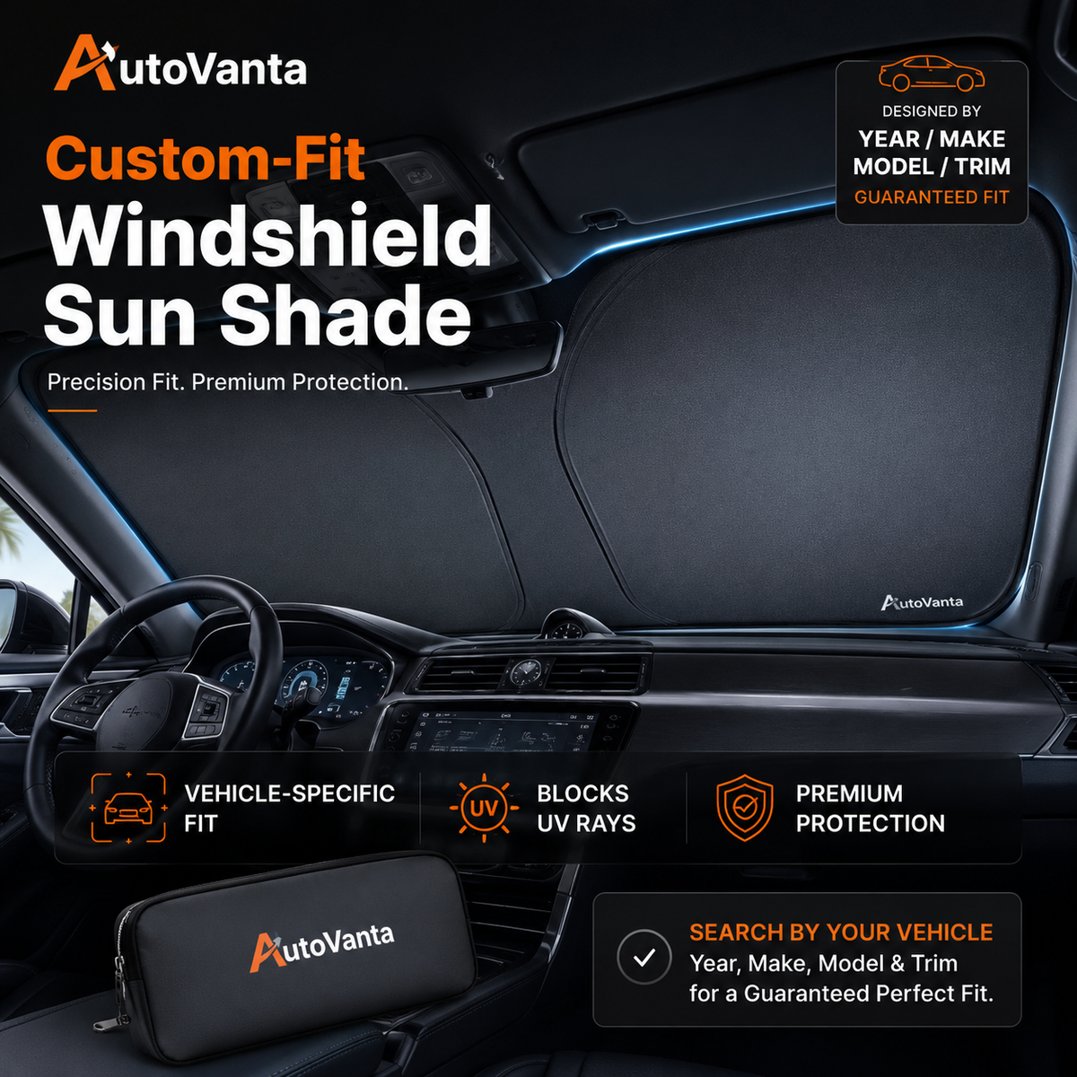 Vehicle specific windshield sun shade fitted across the front windshield