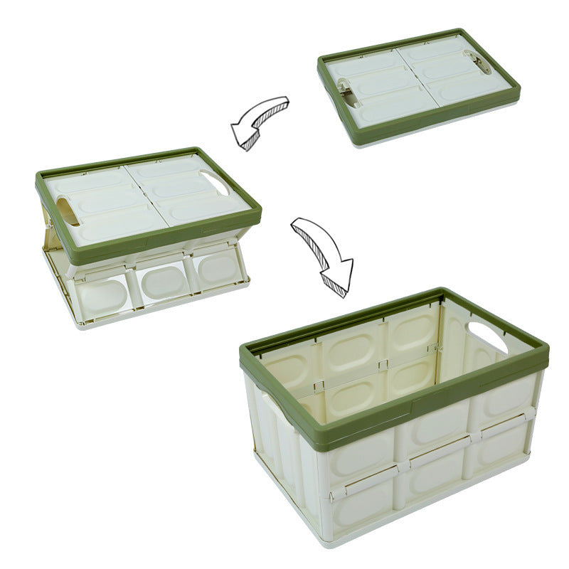Foldable cargo storage box shown collapsed partially open and fully assembled