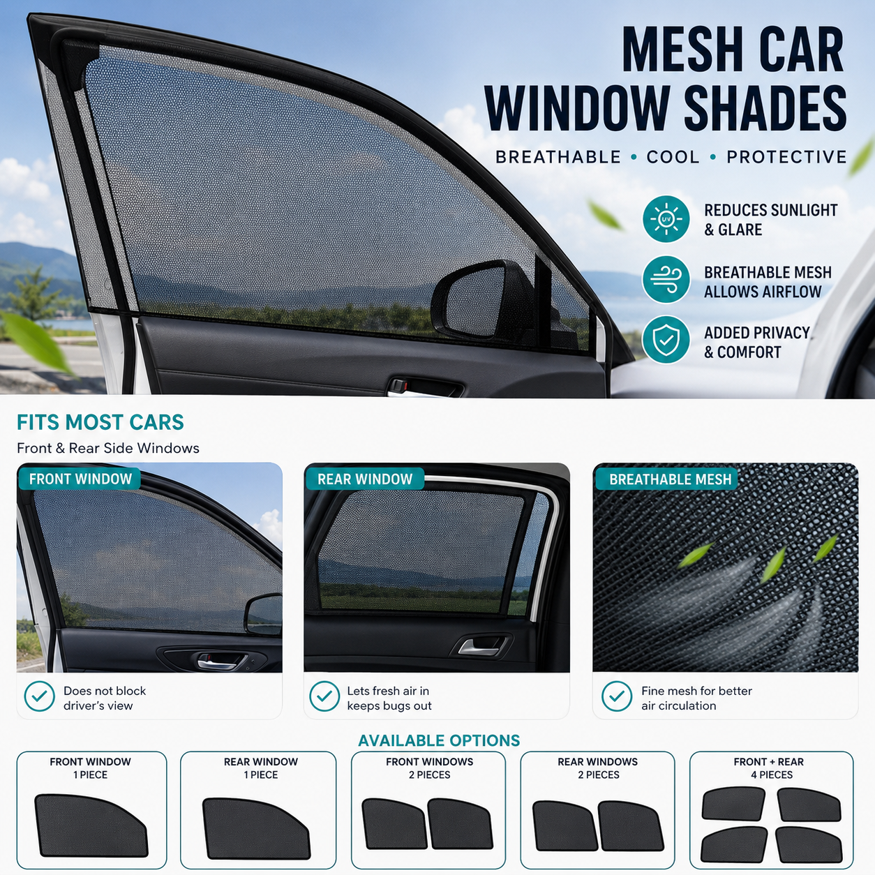 Universal Mesh Car Window Sun Shades – Front & Rear Side Window Screens
