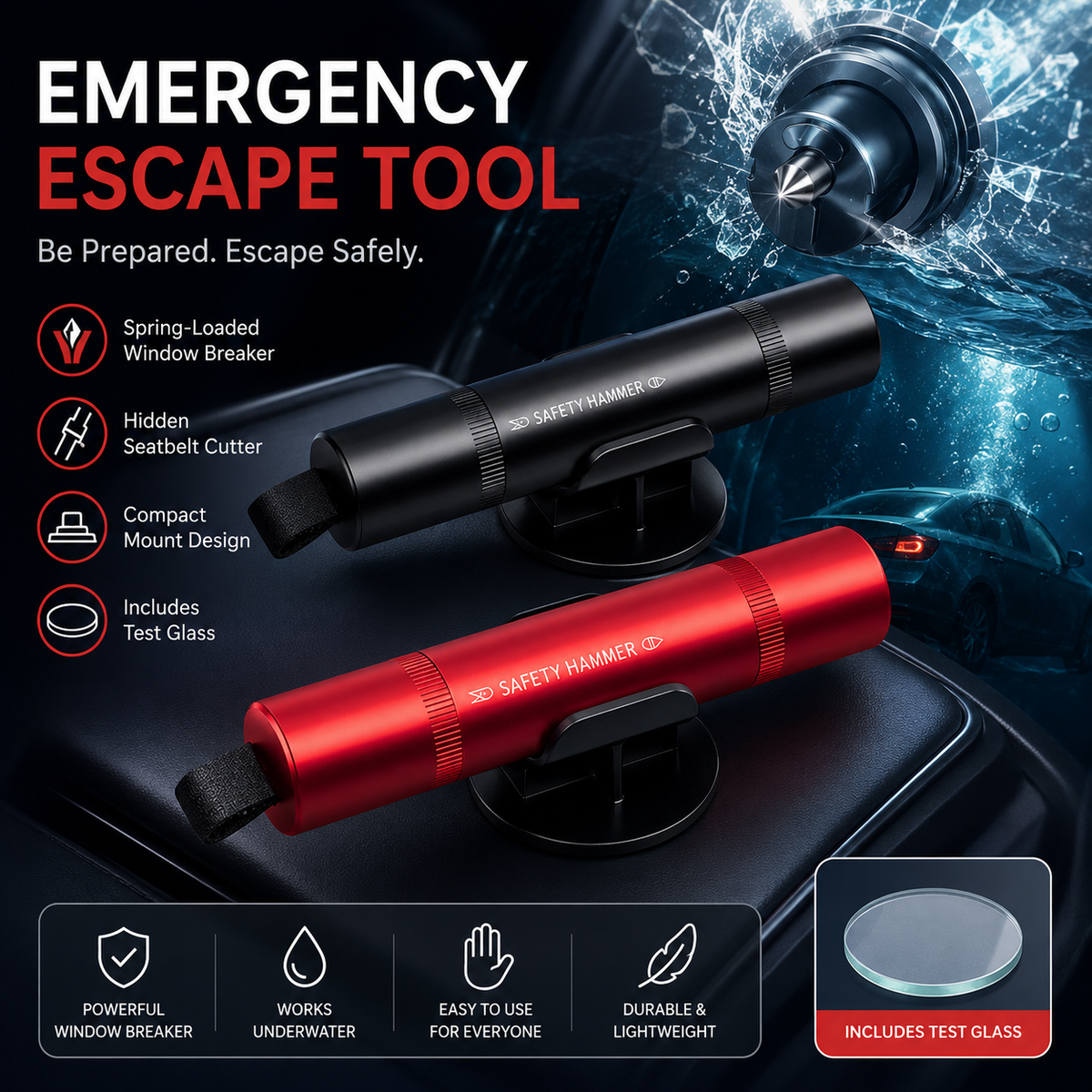 Compact emergency car safety hammer with seat belt cutter and mounting base