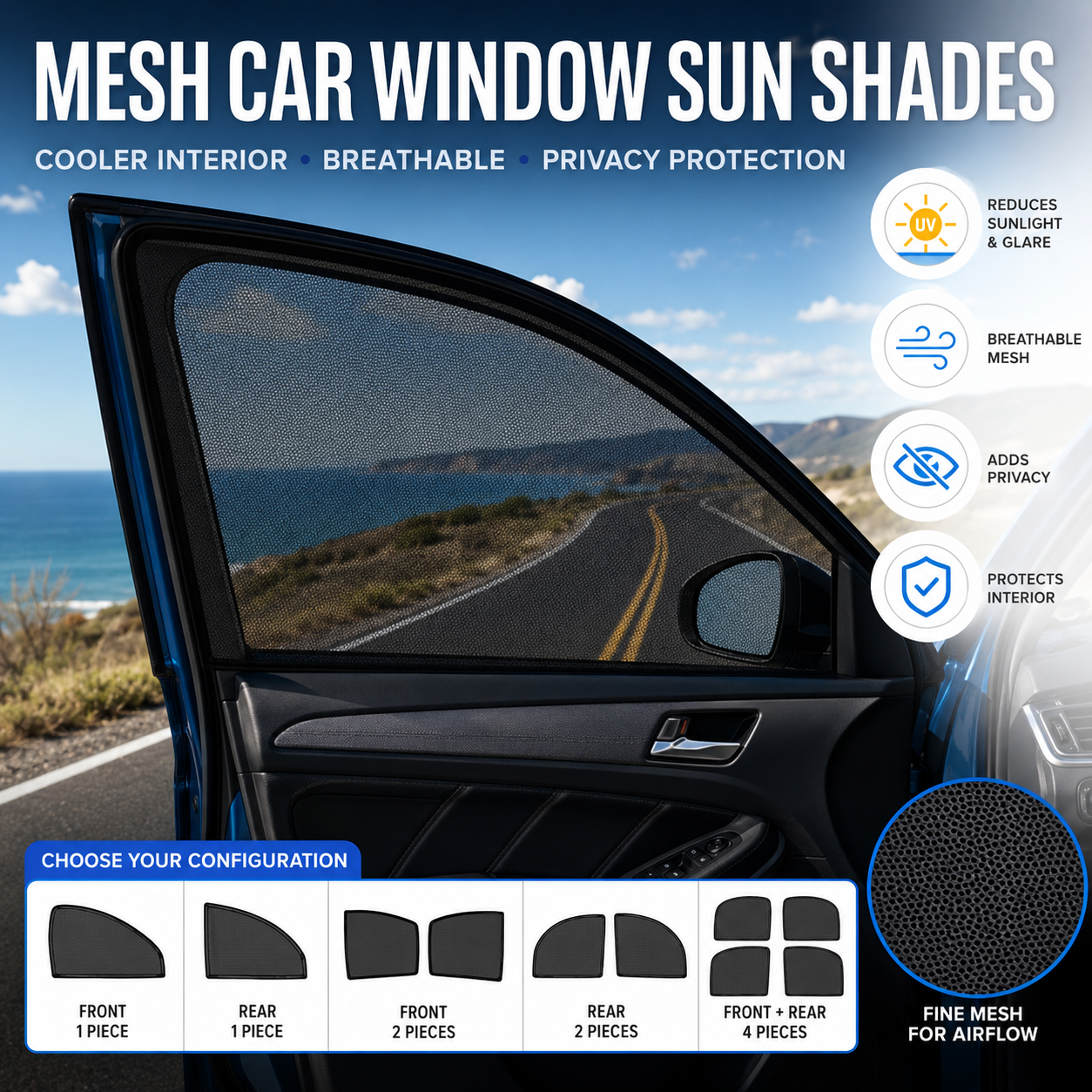 Universal Mesh Car Window Sun Shades – Front & Rear Side Window Screens