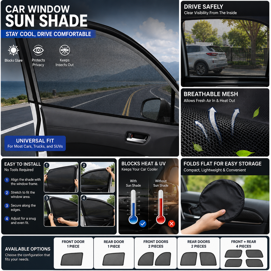 Universal mesh car window sun shade installed on a front door side window