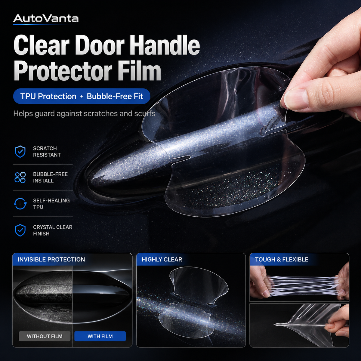 Clear flexible door handle protector film shown over a black vehicle door handle recess