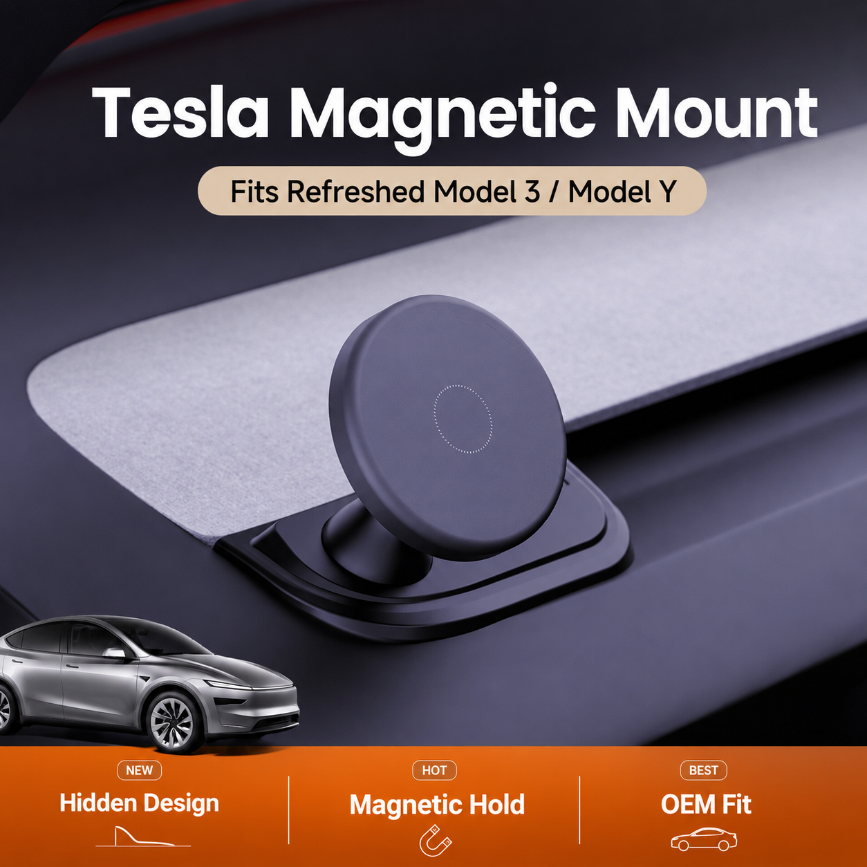 A-pillar magnetic phone mount for selected Tesla Model 3 and Model Y interiors