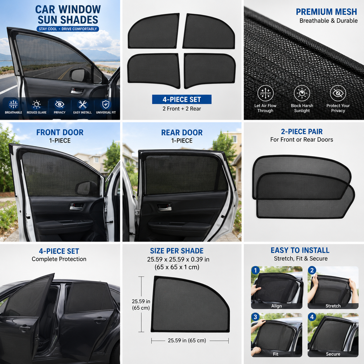 Universal Mesh Car Window Sun Shades – Front & Rear Side Window Screens