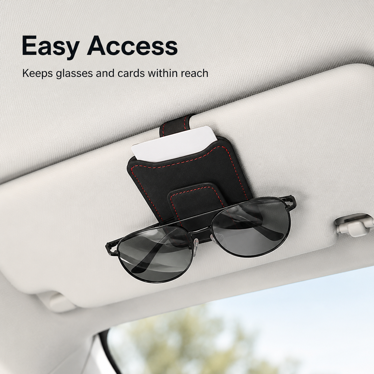 PU leather car sun visor organizer holding sunglasses and a lightweight parking card