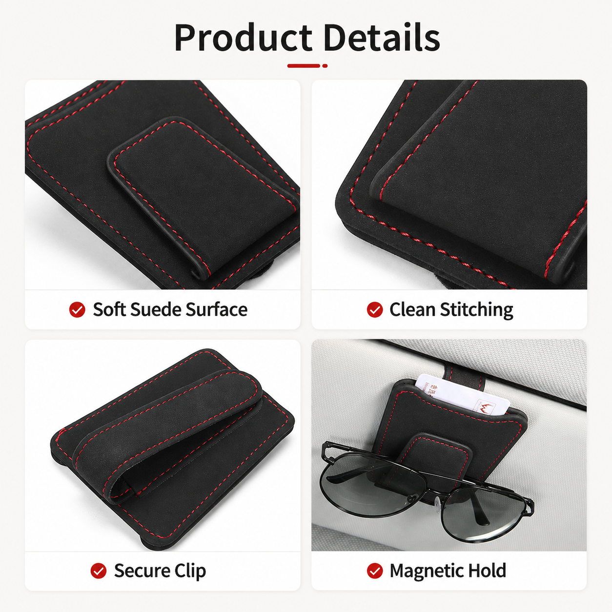 Car Sun Visor Sunglasses Holder Clip – PU Leather Interior Organizer
