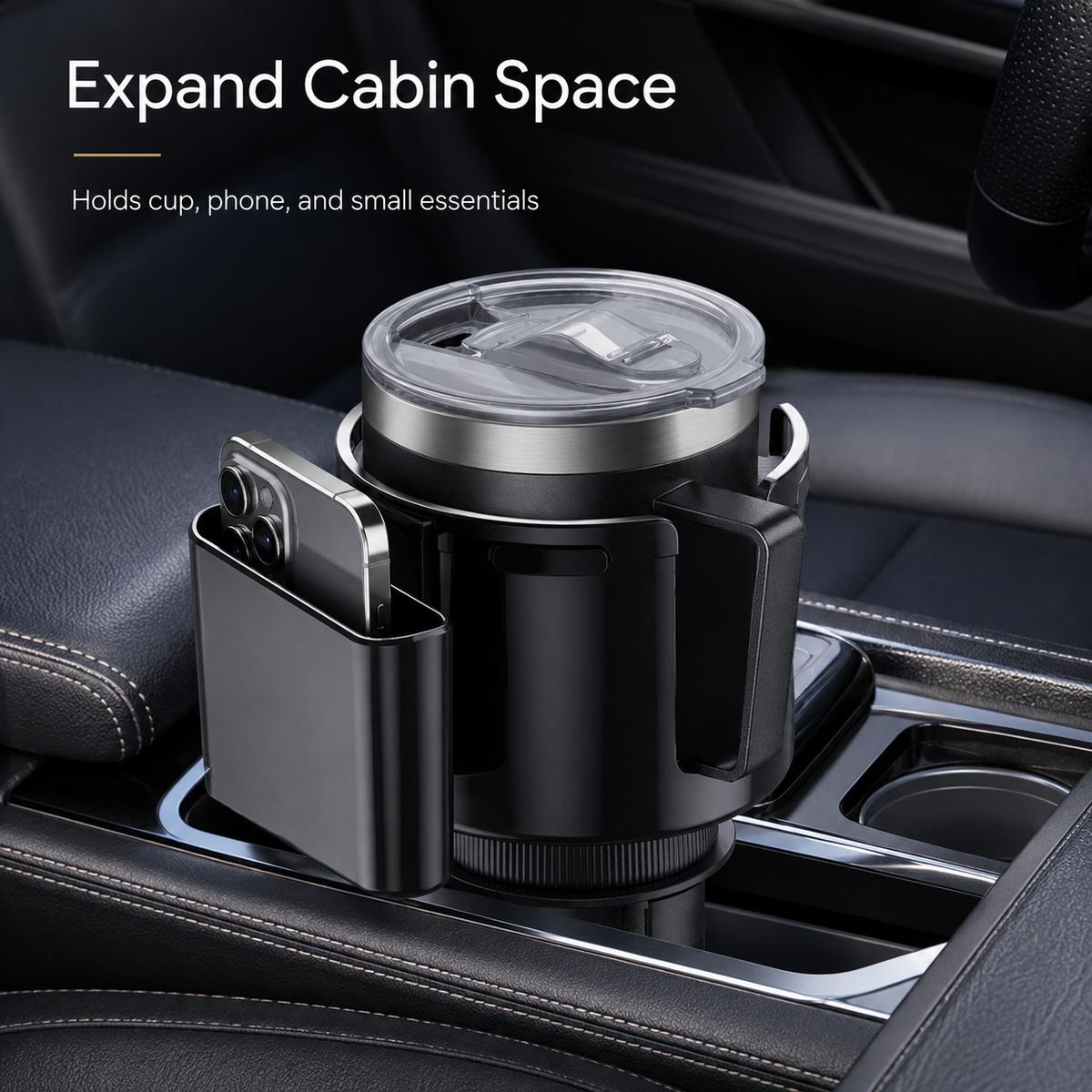 Car cup holder expander organizing a tumbler phone and small essentials