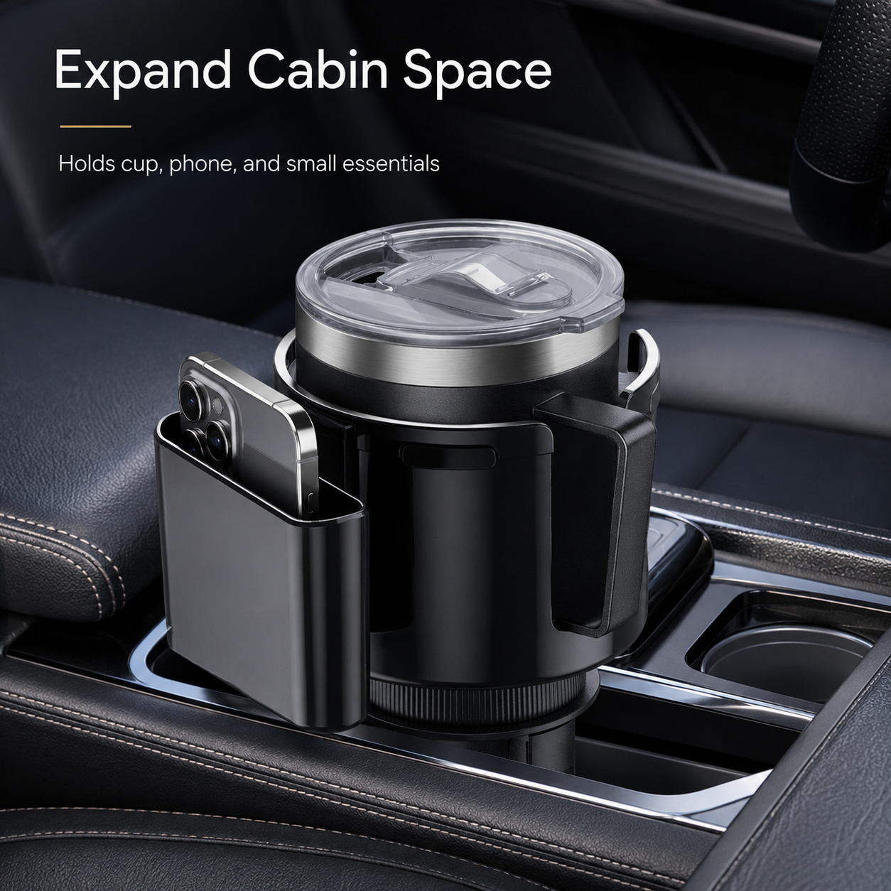 2-in-1 Car Cup Holder Expander – Adjustable Drink & Storage Tray