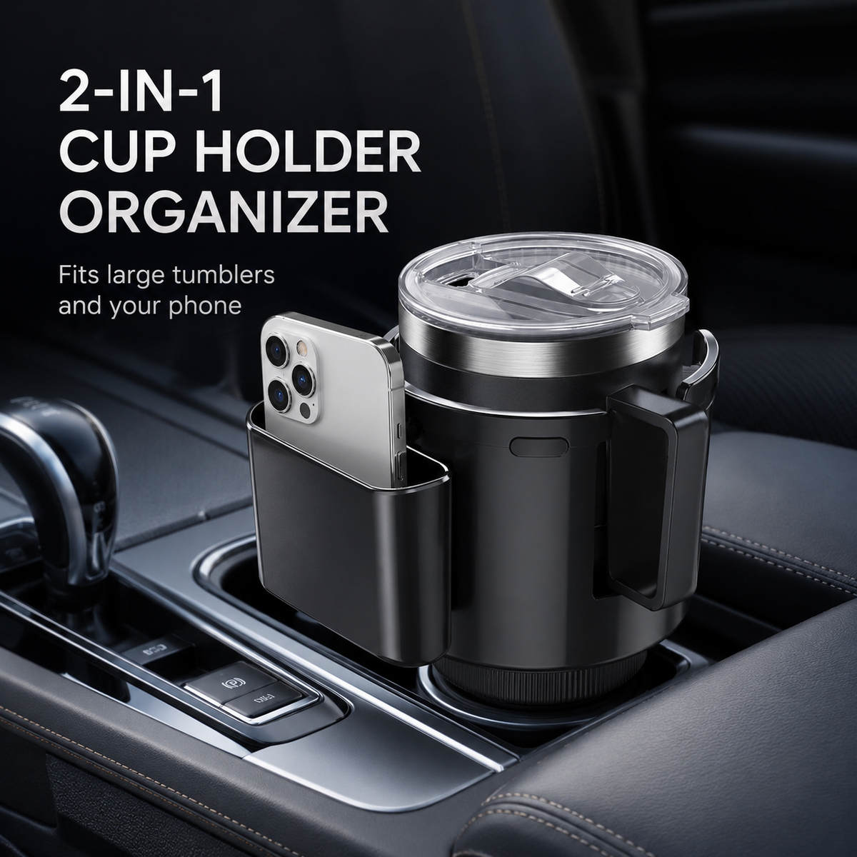 Car cup holder expander showing the space required for a tumbler and smartphone