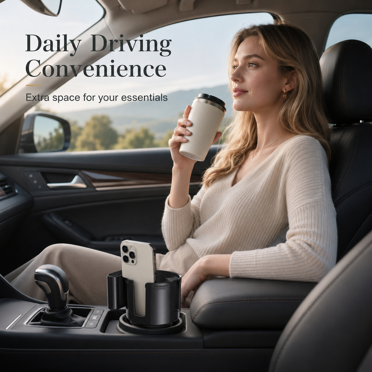 Car cup holder expander providing drink and phone storage during daily driving