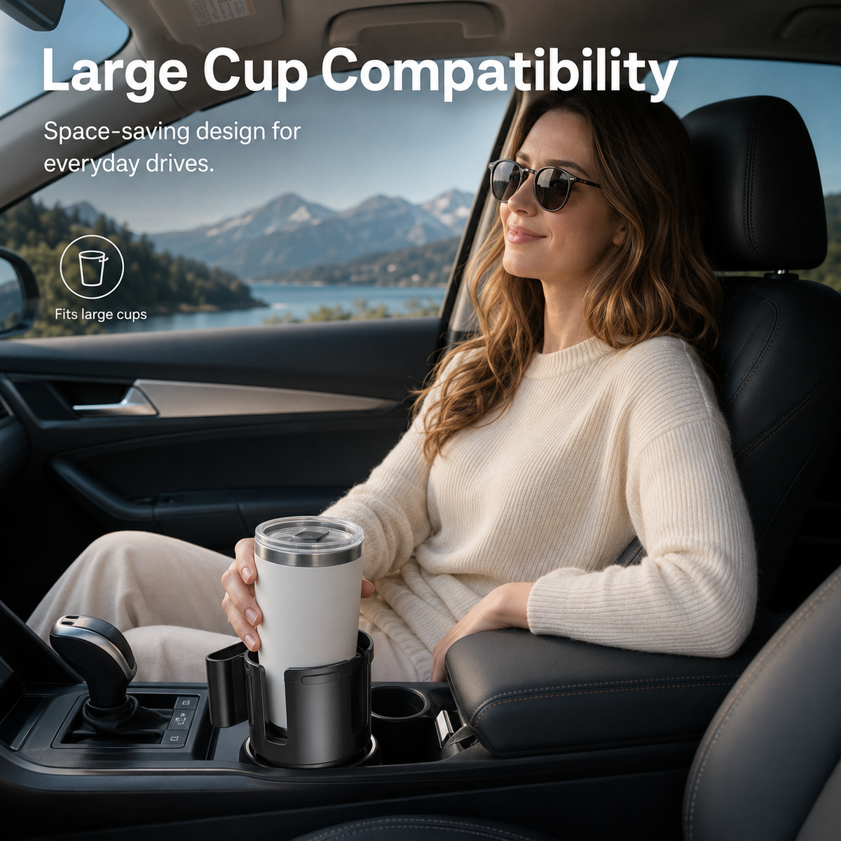 Large travel tumbler placed inside a car cup holder expander