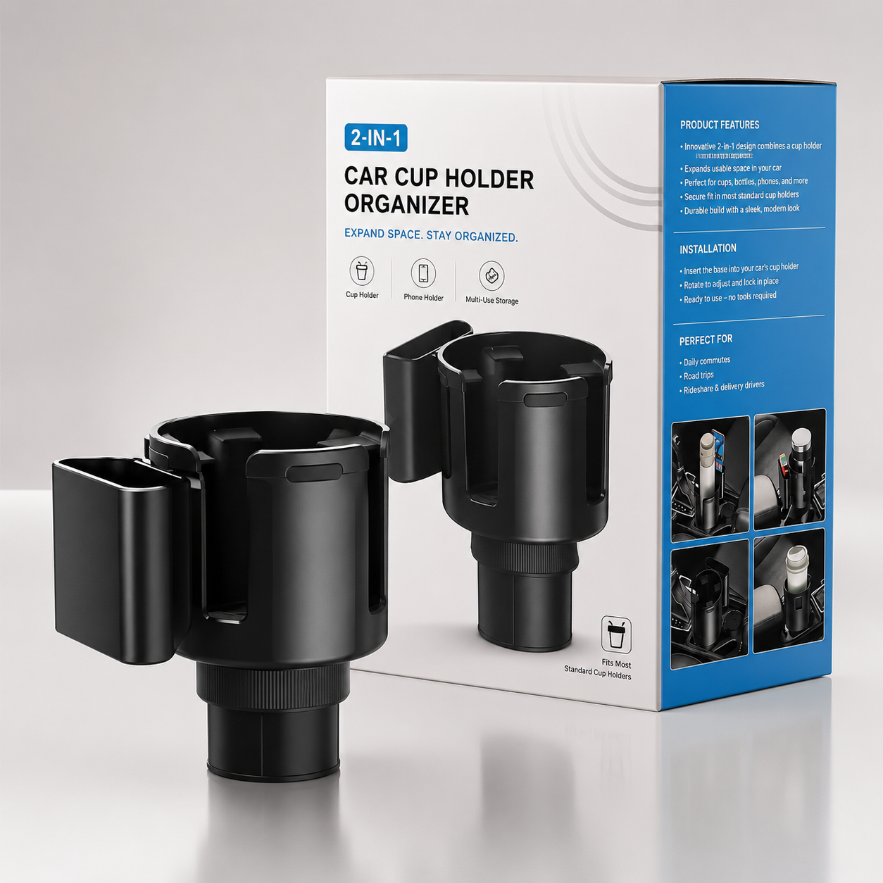 2-in-1 Car Cup Holder Expander – Adjustable Drink & Storage Tray