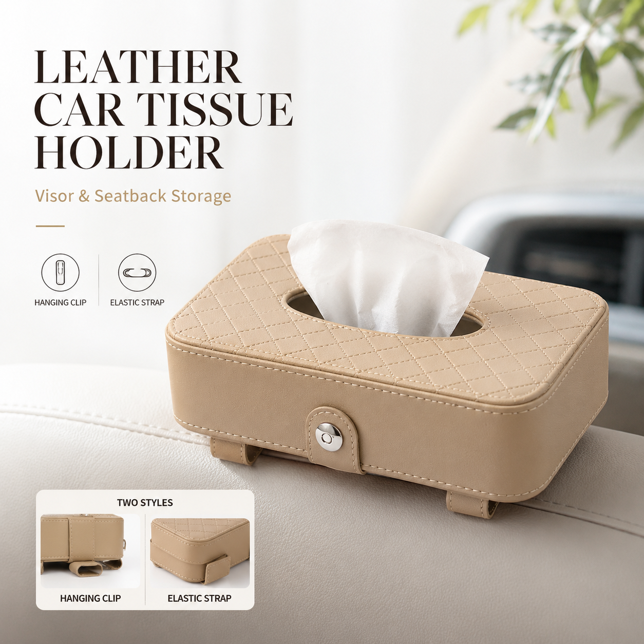 PU Leather Car Tissue Holder – Sun Visor & Seat Back Organizer