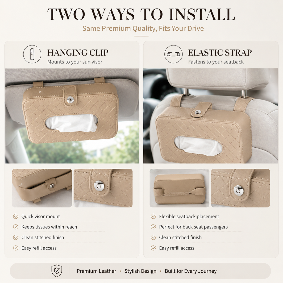 Car tissue holder shown with sun visor hanging clip and seat back elastic strap installation
