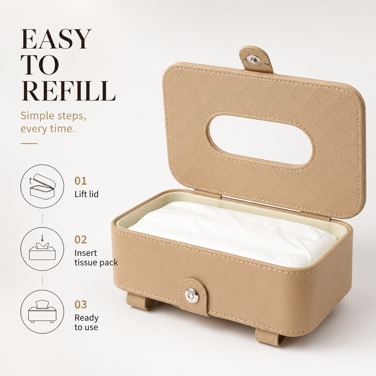 Car tissue holder opened for inserting and refilling a compatible tissue pack