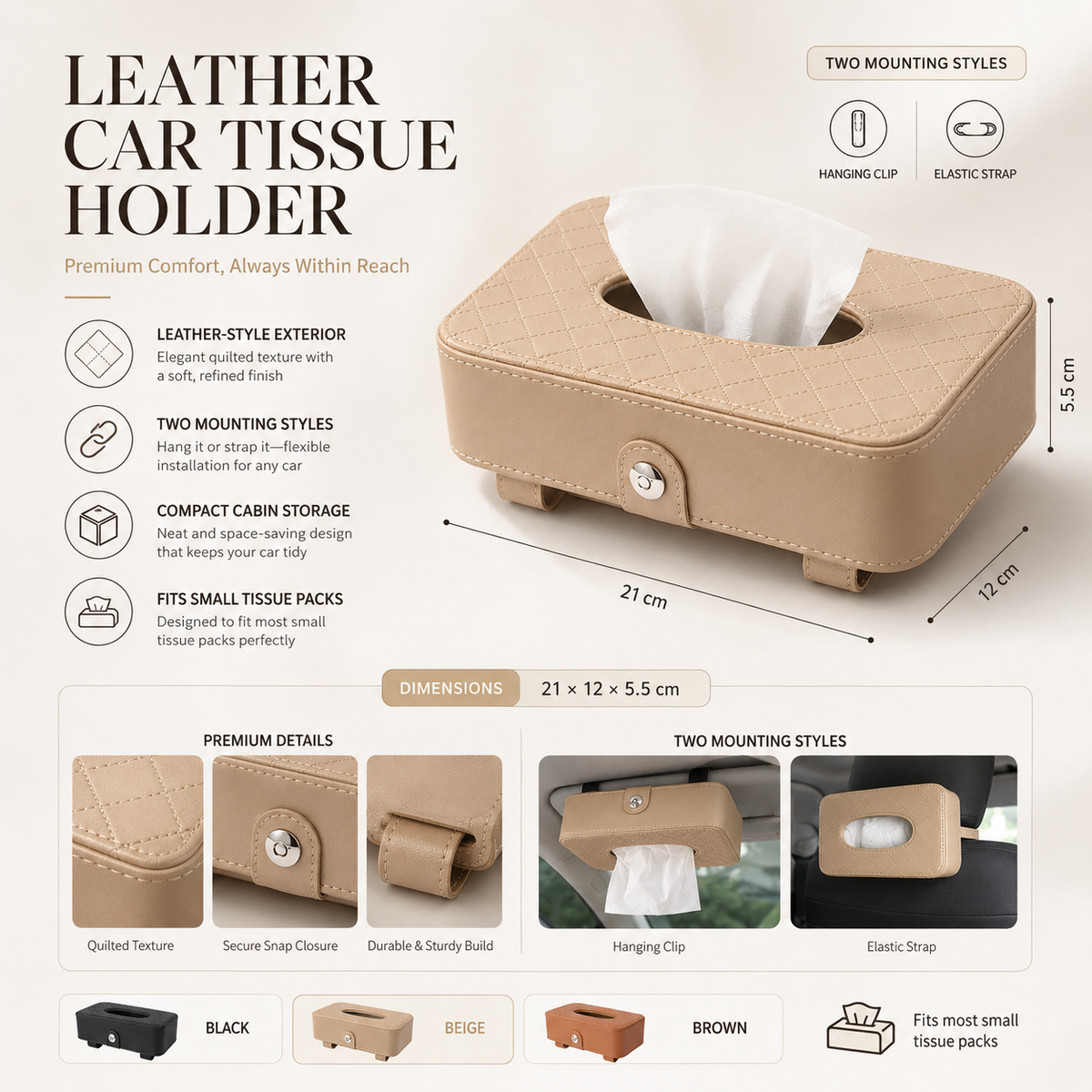 PU leather car tissue holder for visor seat back or headrest organization