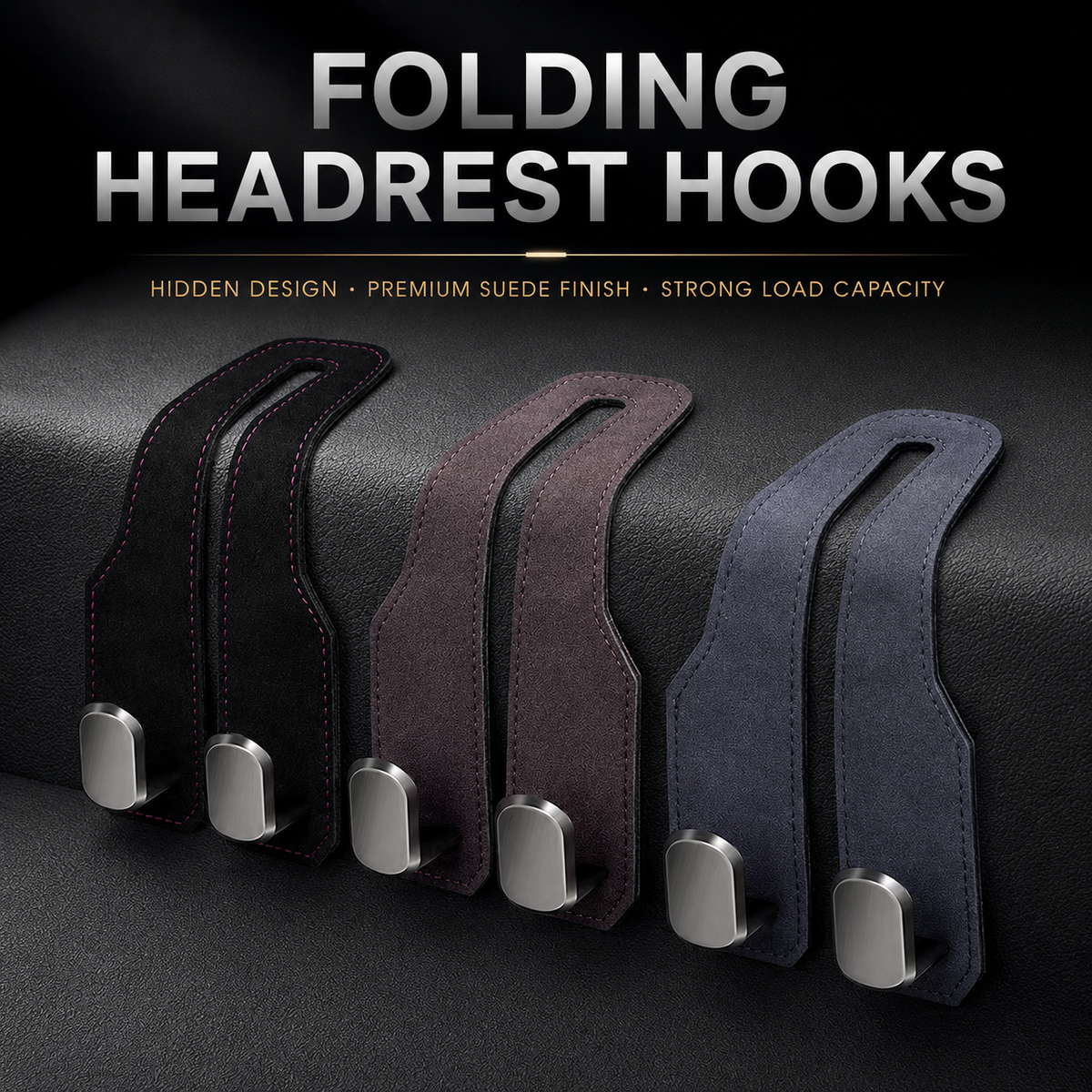 Folding car headrest hooks in black brown and gray