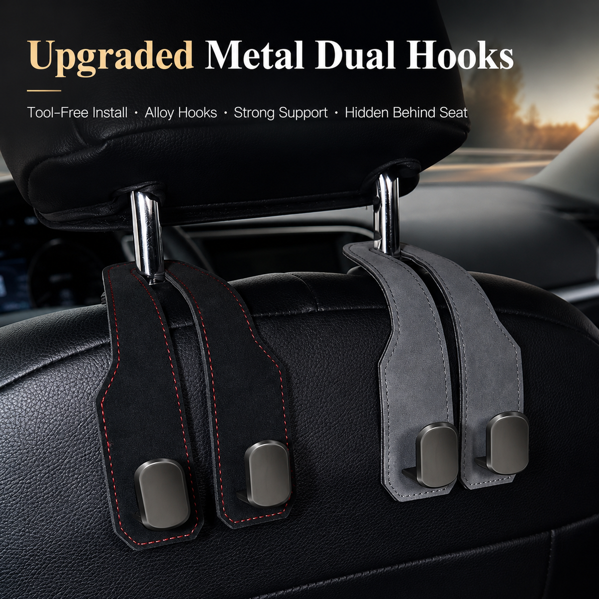 Dual car headrest hooks mounted on exposed headrest posts