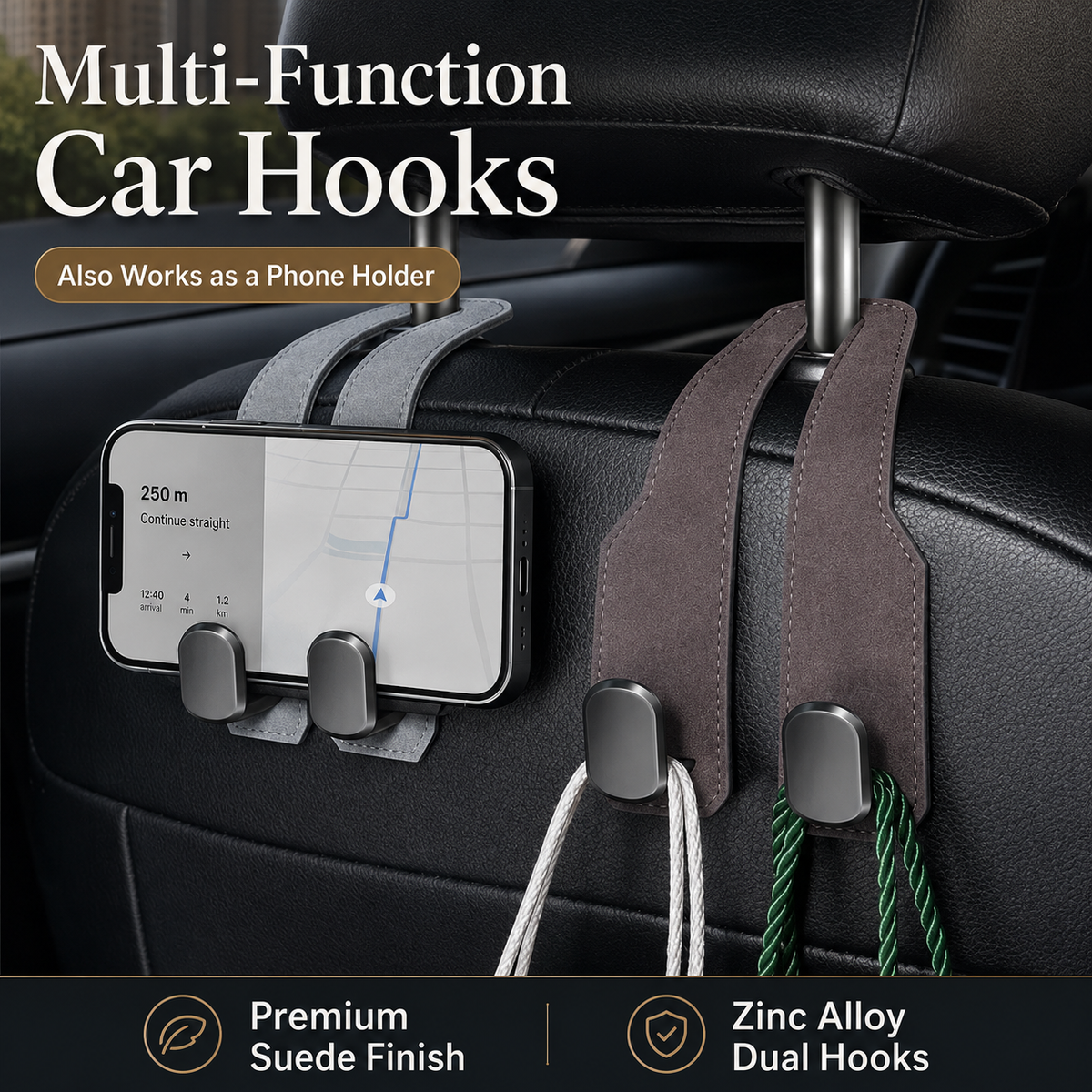 Car headrest hooks installed on exposed headrest posts behind a front seat