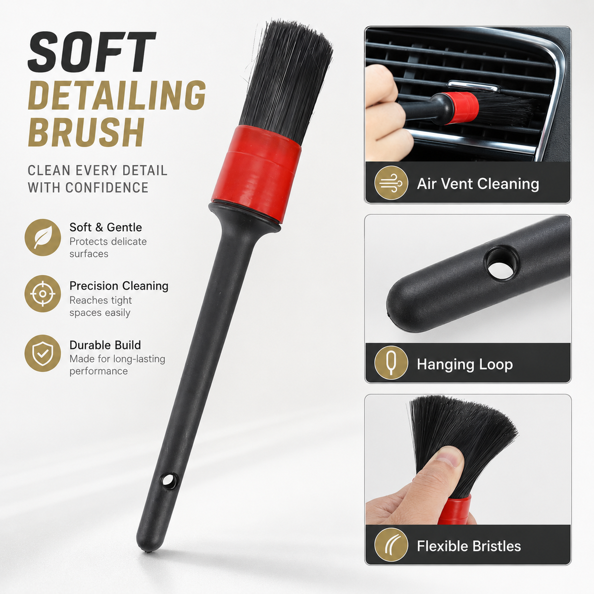 Soft car detailing brush with flexible bristles for air vents and narrow interior areas