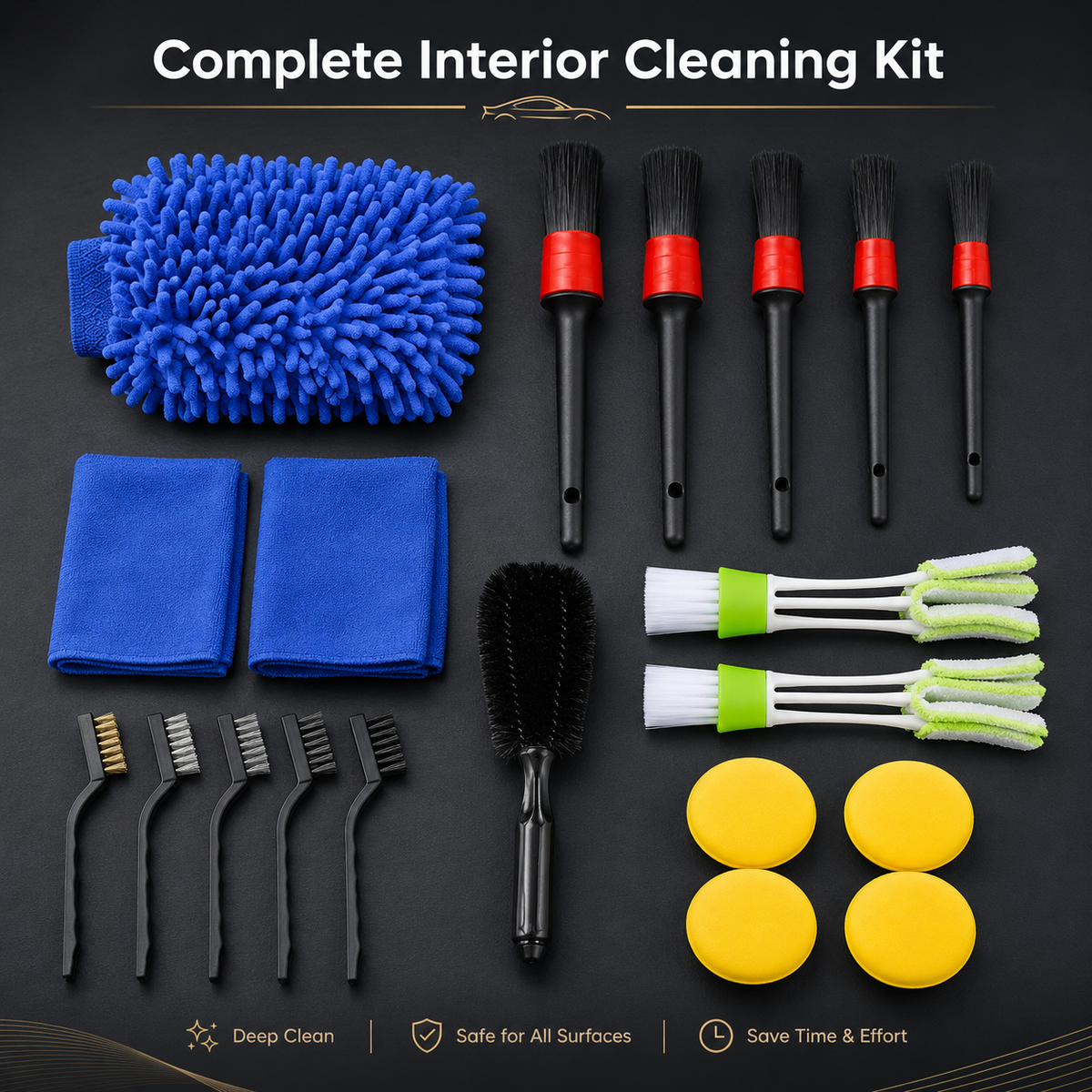 Car interior cleaning brushes microfiber cloths and detailing tools