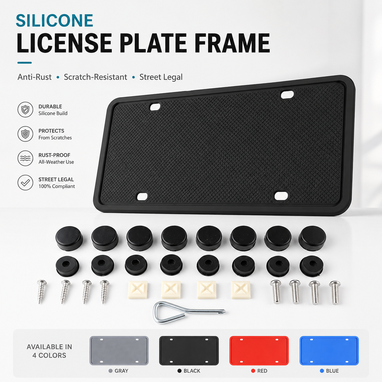 Silicone License Plate Frame – No-Rattle Holder with Hardware Kit