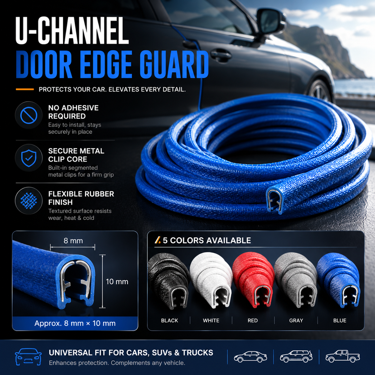 U-channel car door edge guard trim with flexible outer layer and internal metal clip core