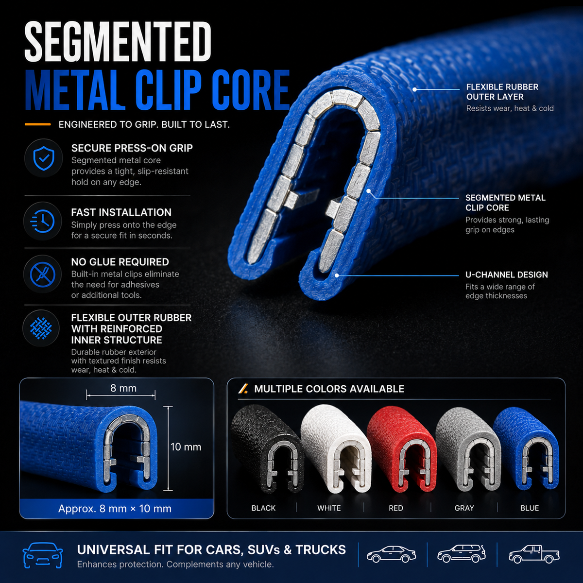 Cross section of U-channel door edge trim with segmented internal metal clip core