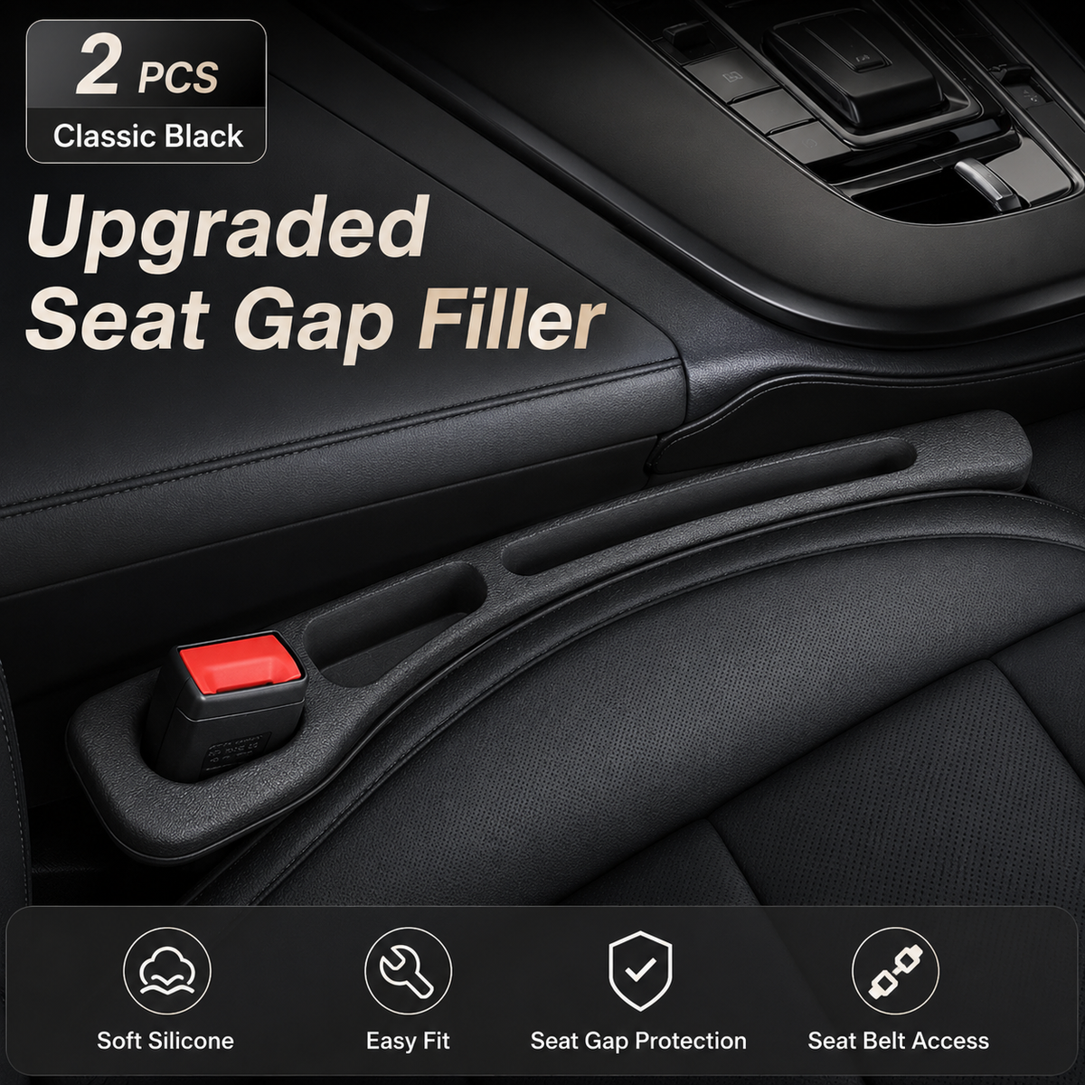 Black car seat gap organizer positioned around a visible seat belt buckle