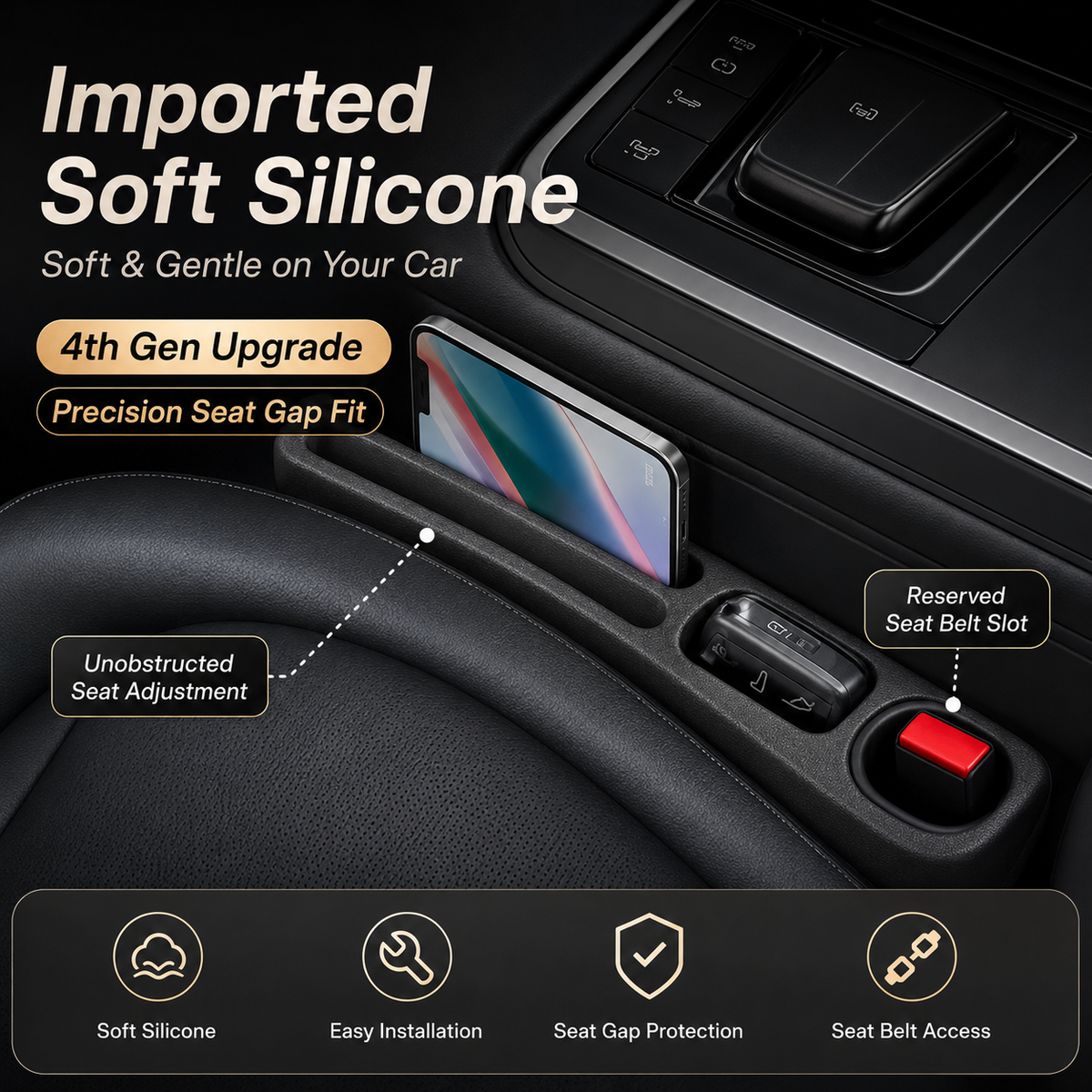 Soft car seat gap organizer installed beside the center console with phone storage