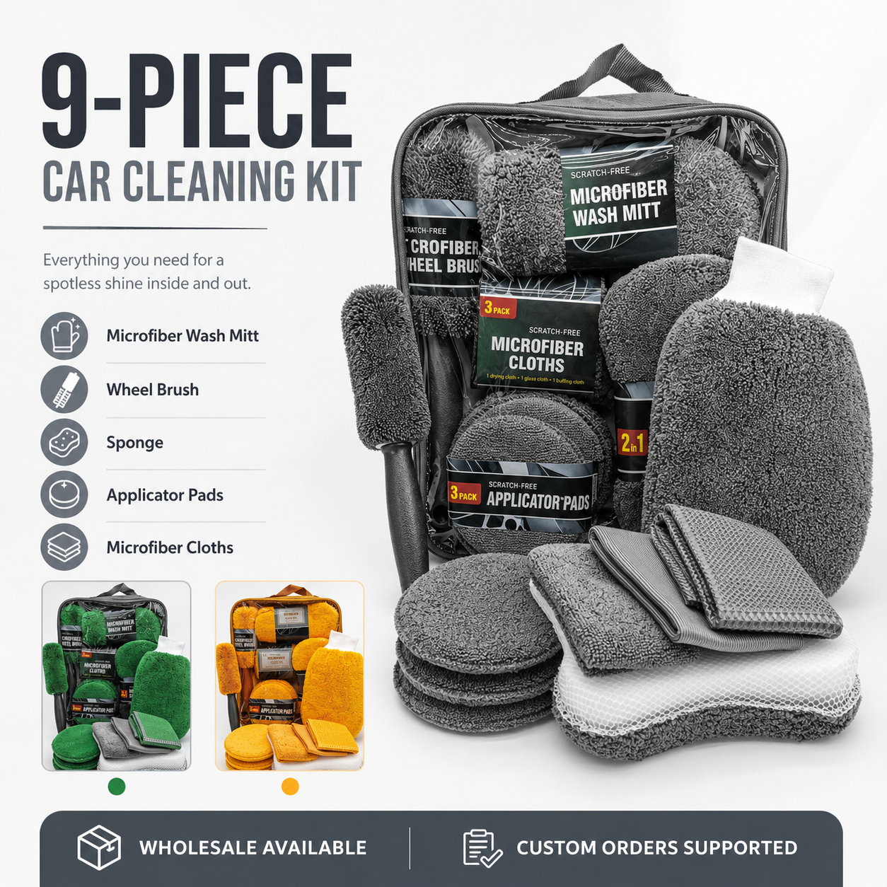 9-Piece Car Cleaning Kit – Microfiber Wash Mitt, Towels & Detailing Tools