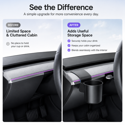 Before-and-after comparison of the Tesla driver-side dashboard area with the cup holder installed