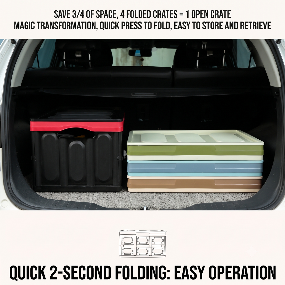 Foldable trunk storage boxes shown open and collapsed inside a vehicle trunk