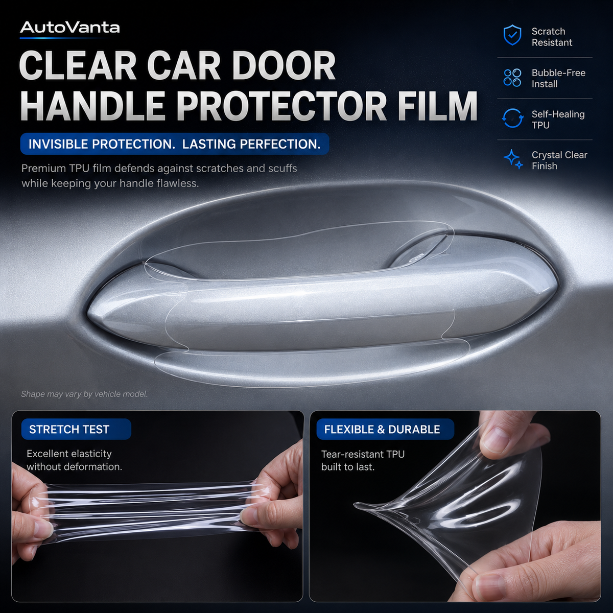 Transparent flexible car door handle protector film fitted around a silver door handle cup