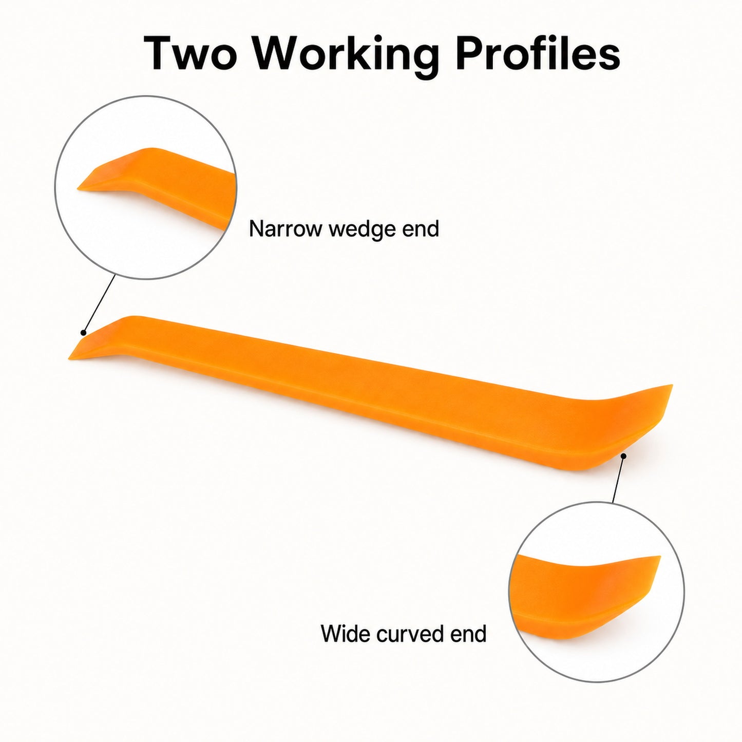Narrow wedge end and wide curved end of the orange trim tool