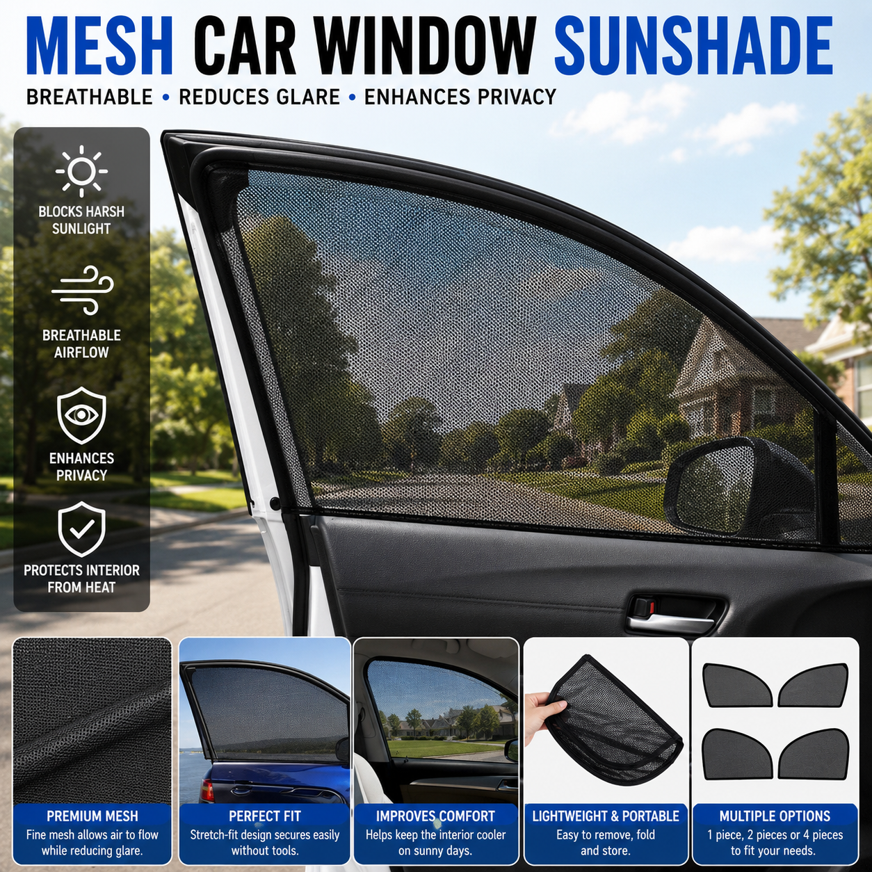 Universal Mesh Car Window Sun Shades – Front & Rear Side Window Screens