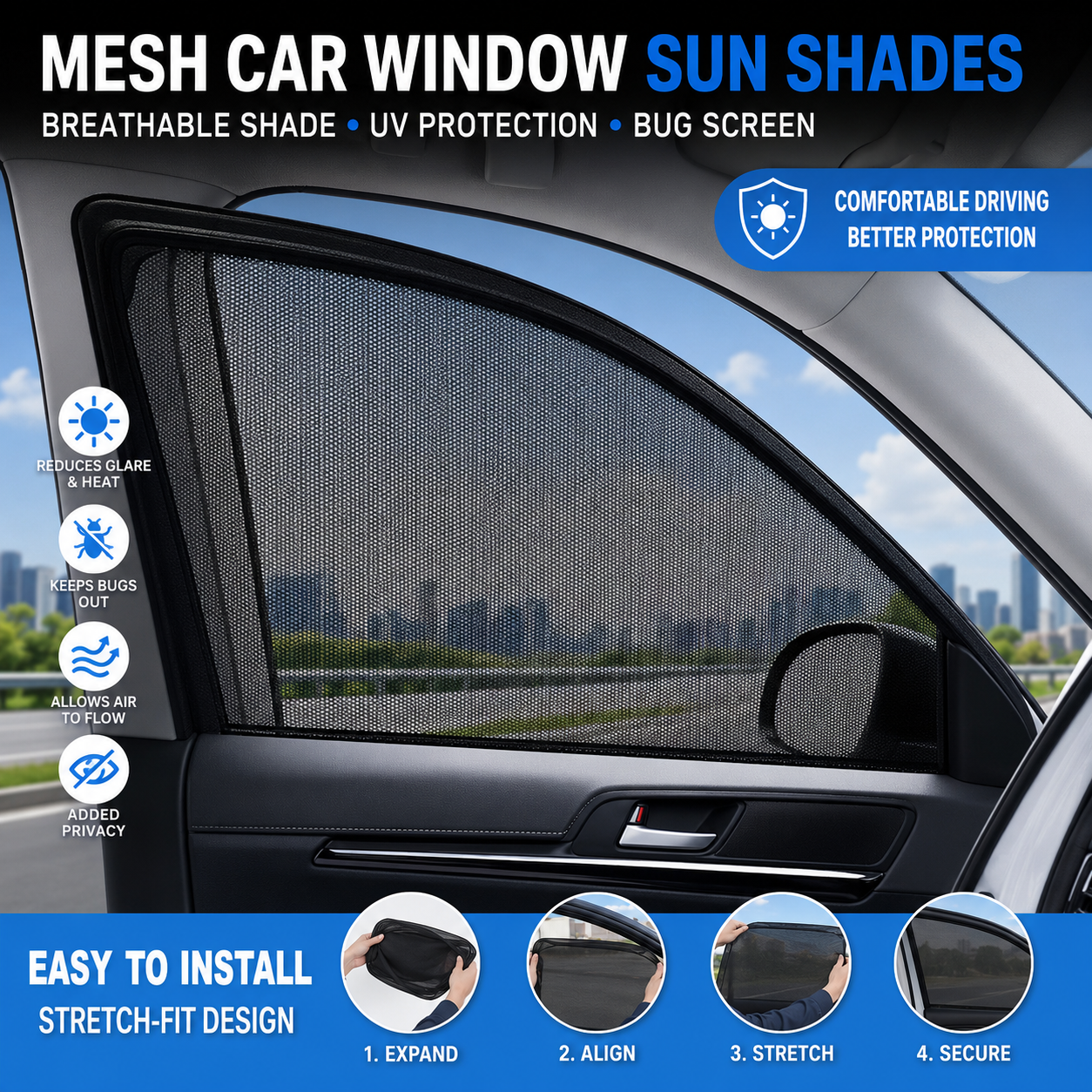 Universal Mesh Car Window Sun Shades – Front & Rear Side Window Screens
