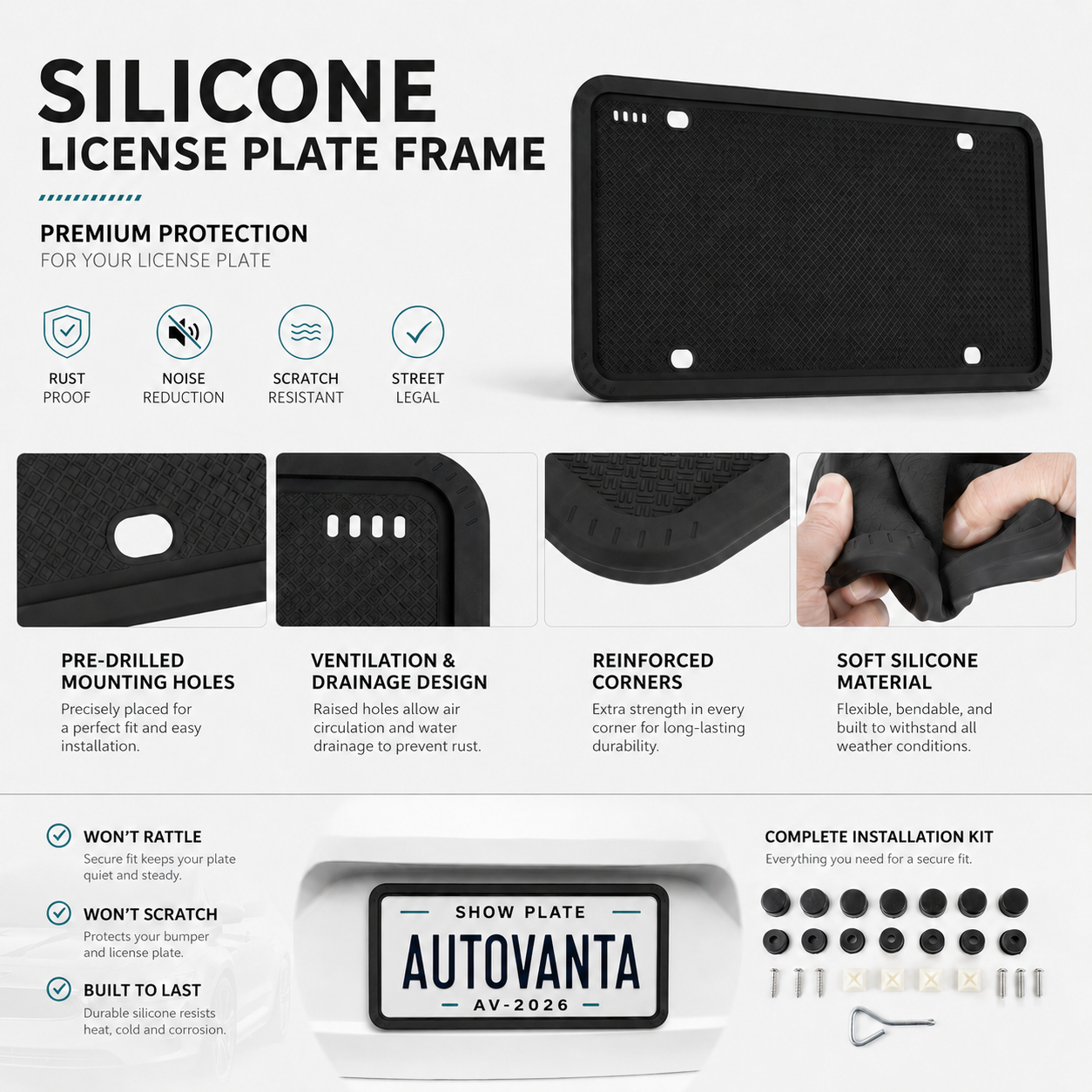 Silicone License Plate Frame – No-Rattle Holder with Hardware Kit