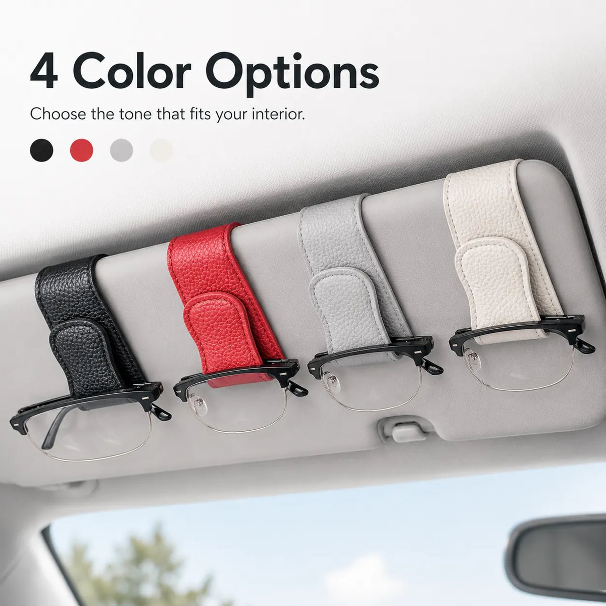 Car sun visor glasses holders shown in several interior-friendly color options