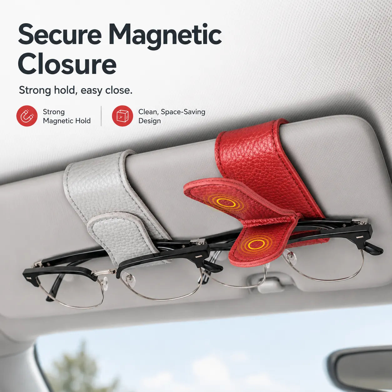 Magnetic Car Sun Visor Glasses Holder Clip – PU Leather Interior Organizer