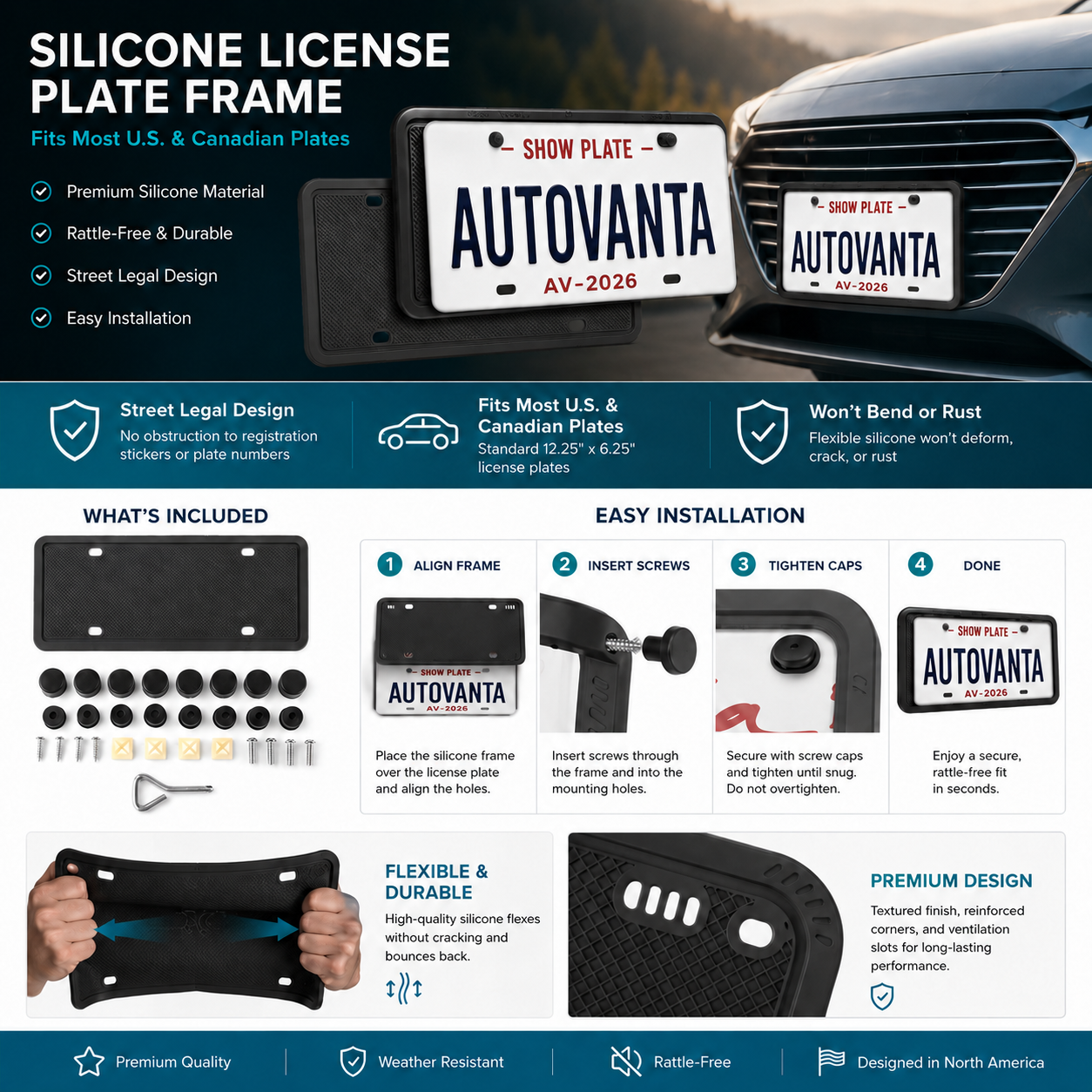 Silicone License Plate Frame – No-Rattle Holder with Hardware Kit