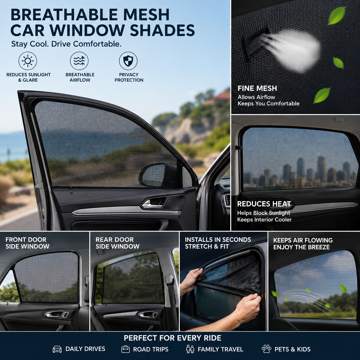 Universal Mesh Car Window Sun Shades – Front & Rear Side Window Screens