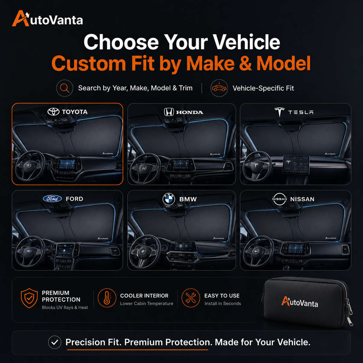 Vehicle-specific windshield sun shades shown for different car makes and dashboard layouts