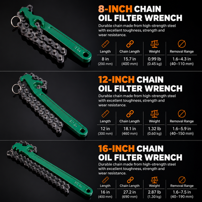 Heavy-Duty Chain Oil Filter Wrench – 8, 12 & 16 Inch Removal Tool