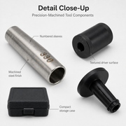 Detail close-up of injector seal installation sleeves and tool parts