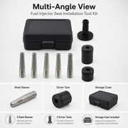 Multi-angle view of fuel injector seal installation tools and storage case